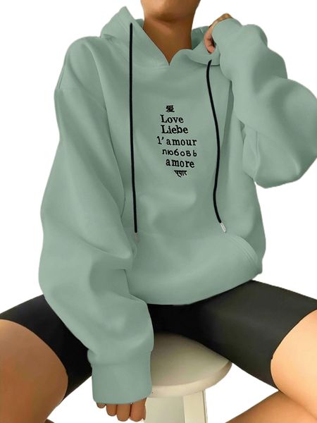 

letter embroidery drop shoulder drawstring hoodie 19sd#, Black