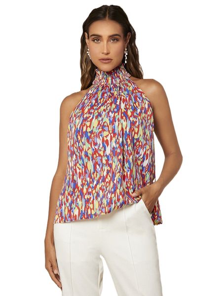 

allover print shirred high neck blouse y4iq#, White