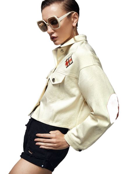

x meikearts cartoon chicken print patched detail drop shoulder jacket c5pg#, Black;brown