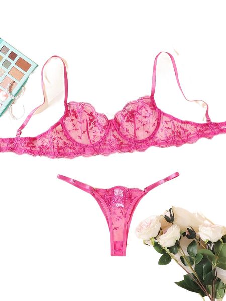 

leaf embroidery sheer mesh underwire lingerie set b2j1#, Black;red