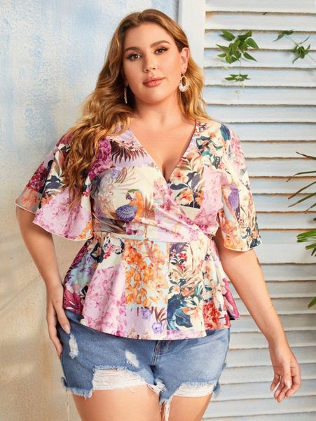 

plus floral print surplice neck peplum y93p#, Black