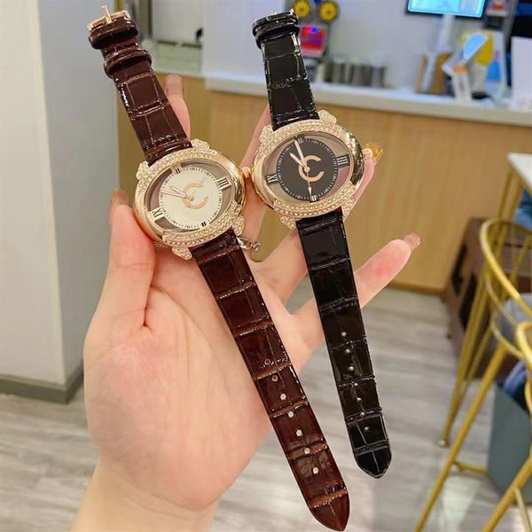 

brand watches women girl hollow out crystal oval style leather strap quartz wrist watch ch561914, Slivery;brown