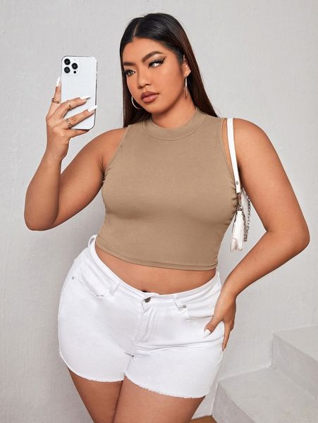 

plus mock neck crop tank z9io#, Black