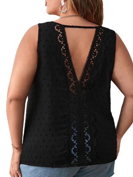 

plus swiss dot contrast guipure lace backless blouse h7yw#, Black