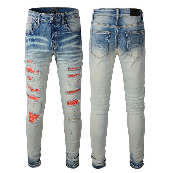 Jeans da uomo firmati Skinny Rip Grandi toppe floreali Rock Denim Slim Fit per uomo Pantaloni Moto Biker Distress Strappo Jogger Straight Punk Hip Hop con foro lungo blu