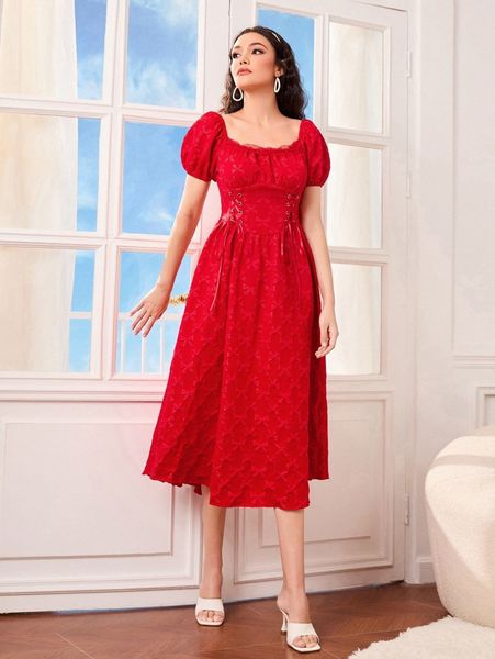 

bow jacquard contrast lace puff sleeve lace up front dress d7pc#, Black;gray