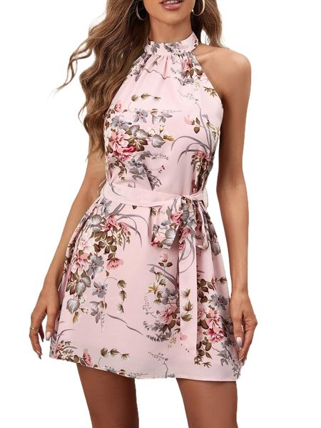 

floral print belted halter dress y9un#, Black;gray