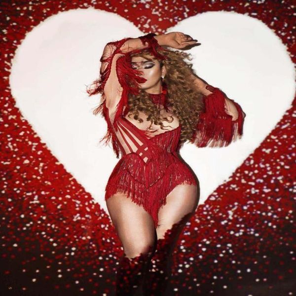 

female dj singer stage wear dance team performance red tassel bodysuit niglub pole dancing costume elastic skinny leotard y200824, Black;red