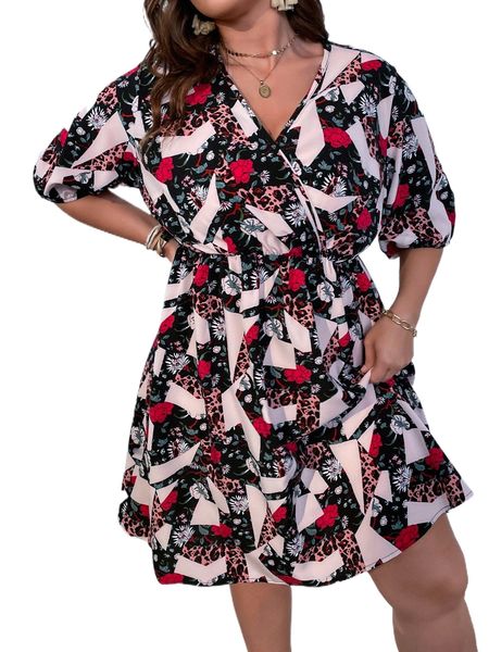

plus floral print surplice neck dress b9qp#, Black