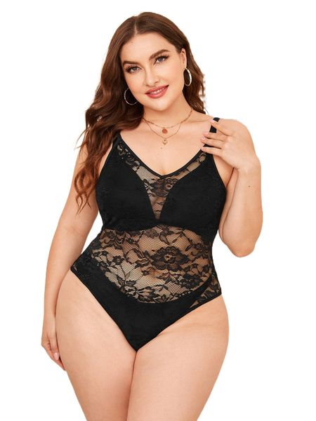 

plus floral lace cami bodysuit without lingerie set 51p0#, Black