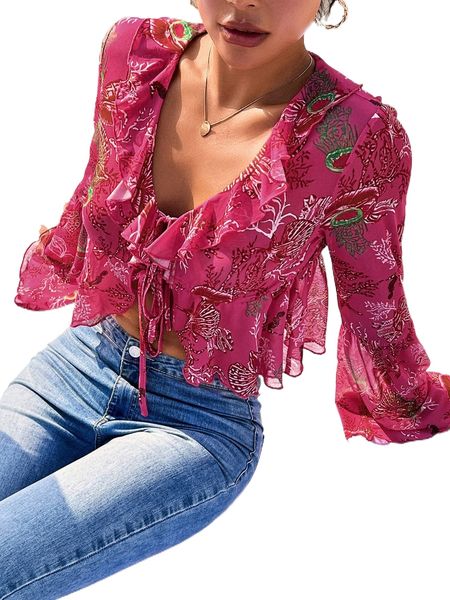 

shell & coral print ruffle trim tie front trumpet sleeve mesh c3to#, White