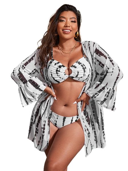 

plus tie dye ring linked bikini swimsuit with kimono f8ek#, White;black