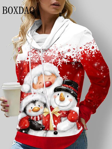 Felpe con cappuccio da donna Felpe rosse con pupazzo di neve di Natale Felpa per donna Inverno Manica lunga Moda carina Pullover allentati casual Babbo Natale 230206