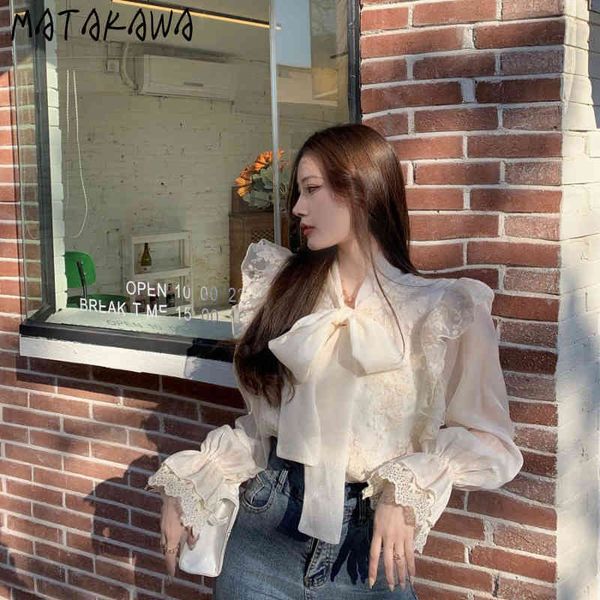 

lace mesh ladies shirt bowknot design fashion blouse women spring longsleeved blusas 210506, White