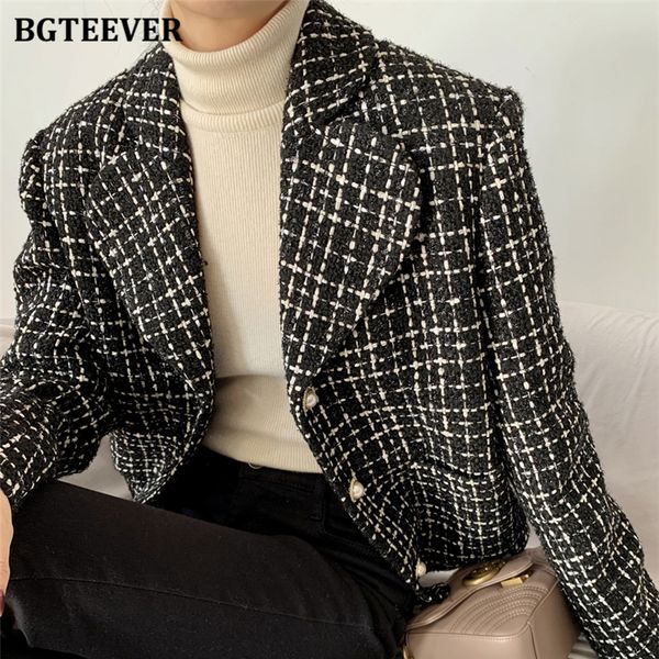 

vintage plaid thick women jackets elegant long sleeve single-breasted female outwear 2021 autumn winter short coat, Tan;black