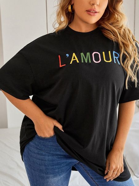 

plus letter embroidery drop shoulder dress a6rs#, Black