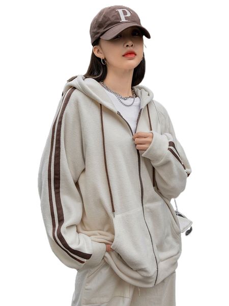 

dazy striped side sleeve hooded teddy jacket f5c9#, Black;brown