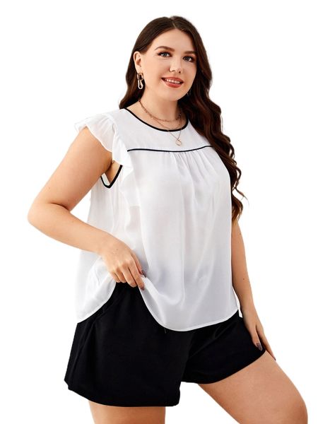 

plus ruffle sleeve contrast binding blouse v3oj#, Black