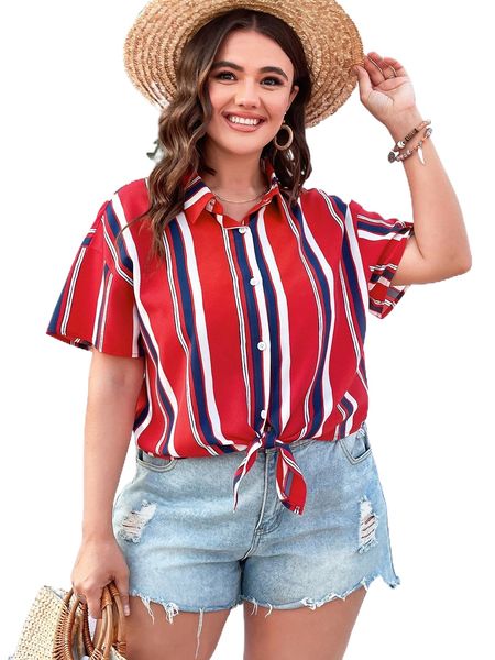 

plus striped button up drop shoulder blouse l6jt#, Black