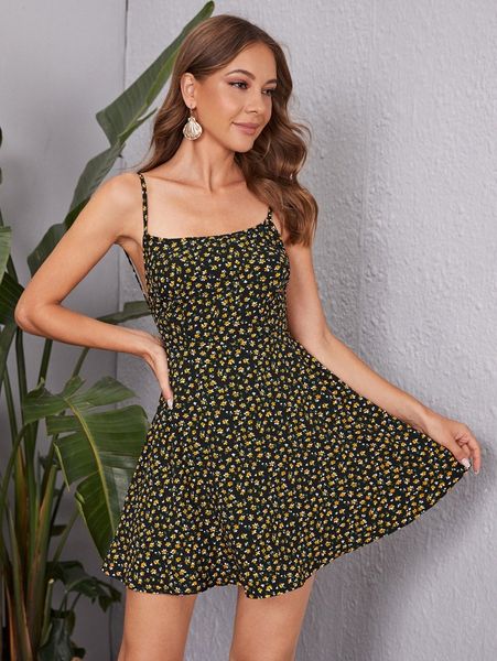 

lace up ditsy floral dress 61oc#, Black;gray