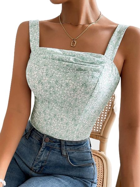 

floral print draped wide straps d08r#, White