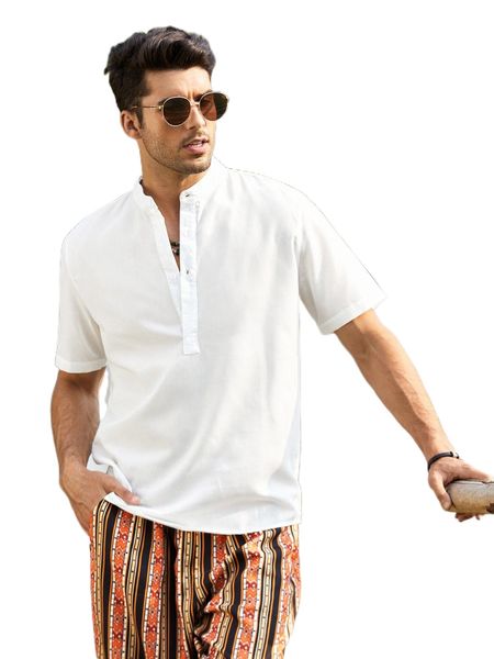 

men solid half button shirt 084s#, White;black