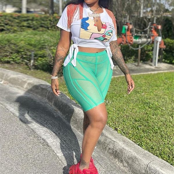 

kliou mesh see through short pants for women solid body-shaping midnight style streak trousers seductive female attirewear 220425, White;black