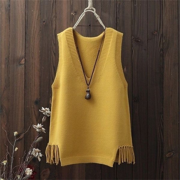

v-neck sweater vest women casual loose fringed student knitted halter korean version of the wild spring jumper girl lj201125, White;black