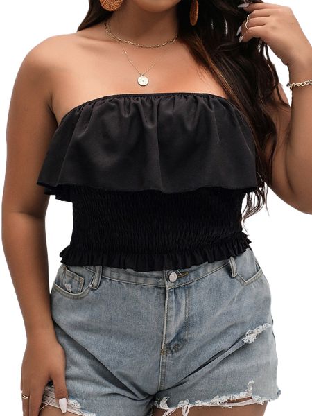 

plus ruffle trim shirred tube w1ib#, Black