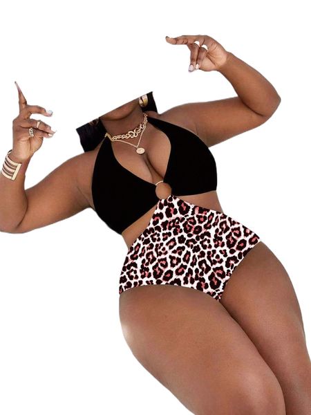 

plus leopard ring linked one piece swimsuit p5gi#, White;black