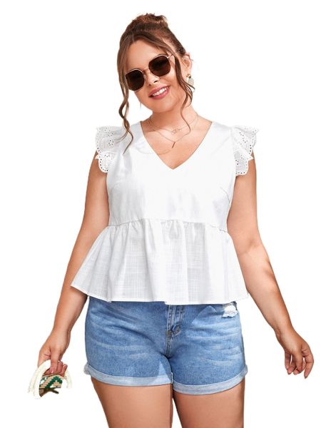 

plus eyelet embroidered flutter sleeve peplum blouse e1qd#, Black