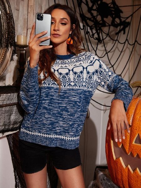 

simplee space dye geo pattern raglan sleeve sweater c2qb#, White;black