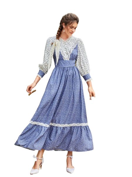 

ditsy floral lantern sleeve lace trim ruffle hem dress h93r#, Black;gray
