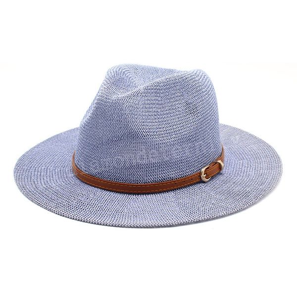 

summer cold straw hat for men women outdoor breathable vacation beach sun protection hat panama trilby cap, Blue;gray