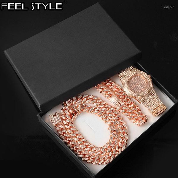 Ketten 3 stücke Rose Gold Halskette Uhr Armband Hip Hop Miami Curb Kubanische Kette Iced Out Gepflasterte Strass CZ Bling für Männer SchmuckKetten Sidn2