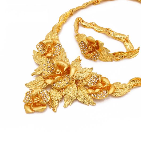 

women jewelry set collar necklace+bracelet+earrings+ring big flower ethnic 18k arabia indian dubai african wedding party gift, Slivery;golden