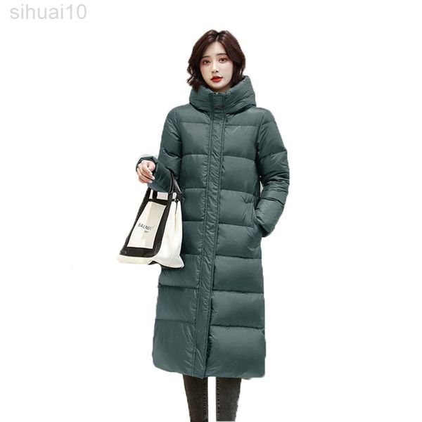 

long down cotton coat women new glossy black korean fashion hooded thick warm temperament cotton jacket l220730
