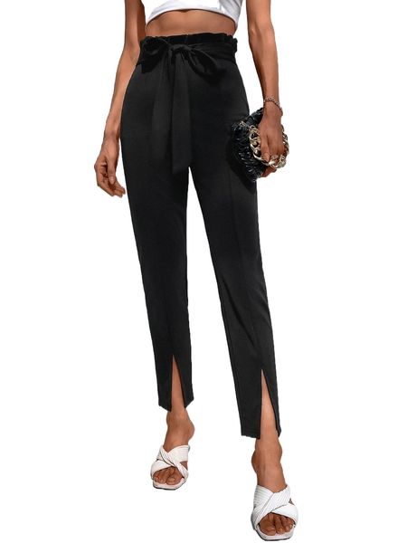 

paperbag waist knot front split hem pants g4kb#, Black;white