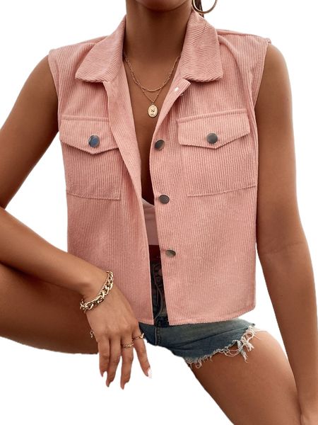 

flap pocket button front corduroy vest jacket c5hg#, Black;brown