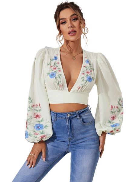 

floral print plunging neck lantern sleeve tie back blouse 43rn#, White