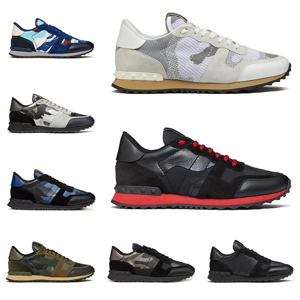 

men women luxury designer shoes rockrunner sneakers in camouflage mesh fabric rubber stud army green white light blue mens trainers jogging, Black