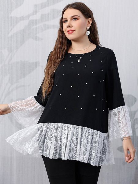

plus pearls beaded contrast lace flounce sleeve peplum blouse h2db#, Black