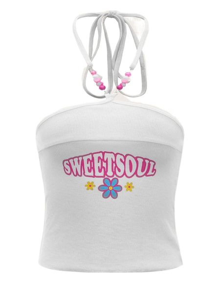 

letter & floral print backless halter e5bb#, White