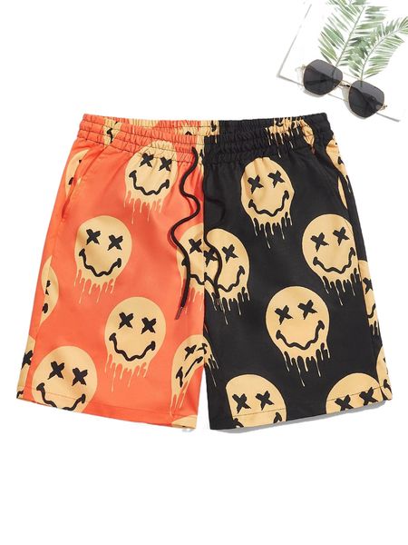

men two tone expression print drawstring waist shorts d7dx#, White;black