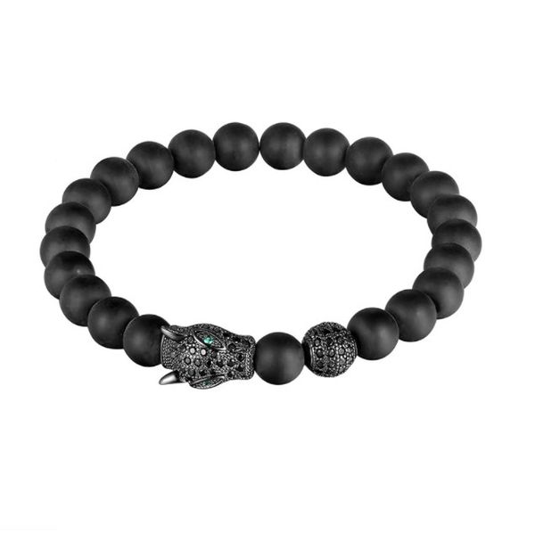 

8mm leopard head elastic adjusted nature black stone volcanic lava bead micro pave spartan paw cz cubic zirconia bracelet dh53h