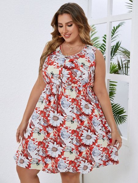 

plus allover floral print knot front dress 27kf#, Black