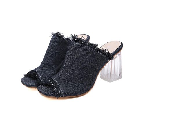 

women slippers high heels shoes summer open toe denim mules fashion female outside party, Black
