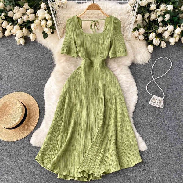 

casual dresses 2022 summer style small fresh and gentle wind medium long with thin waist square neckline solid color dress ai9f, Black;gray