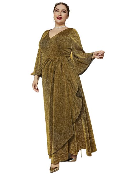 

plus trumpet sleeve wrap hem glitter maxi dress h5ng#, Black
