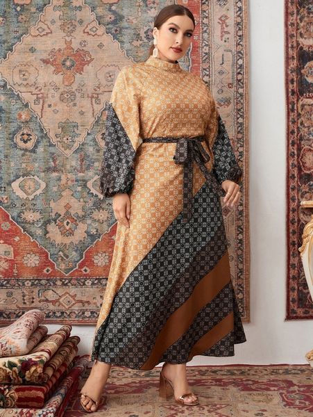 

plus damask print color block lantern sleeve mock neck belted dress s9gs#, Black